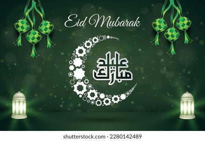 eid mubarak illustration banner with beautiful shiny islamic ornament and abstract gradient green background design