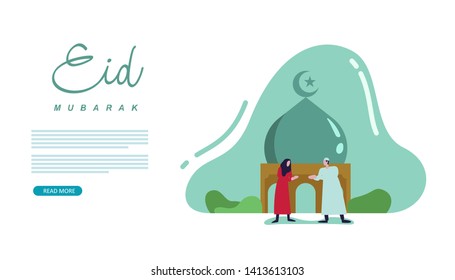 Eid mubarak illustration concept with people character for web landing page template, banner, presentation, social, and print media. flat design vector