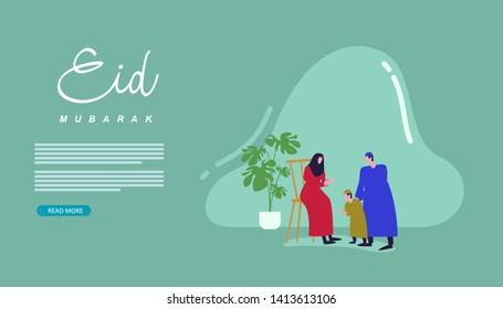 Eid mubarak illustration concept with people character for web landing page template, banner, presentation, social, and print media. flat design vector