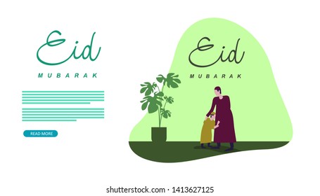 Eid mubarak illustration concept with people character for web landing page template, banner, presentation, social, and print media. flat design vector