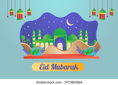 Eid Mubarak illustration with Islamic style background design