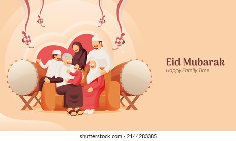 Eid Mubarak Illustration With Muslim Family Hug Each Other In Warm Celebration