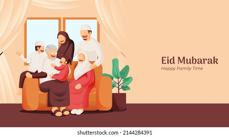 Eid Mubarak Illustration With Muslim Family Hug Each Other In Warm Celebration