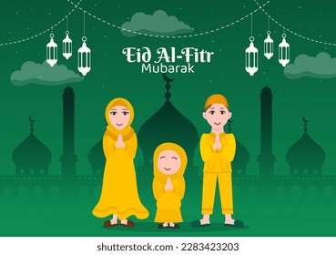 Eid Mubarak Illustration with Muslims Apologizing to Each Other and the Background of the Mosque in Flat Cartoon Landing Template