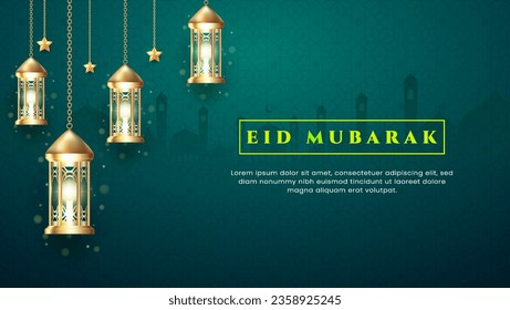 EID Mubarak illustration with realistic gold lattern. suitable for greeting card, web banner, est