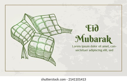 Eid Mubarak. Illustration vector graphic. Design concept Ketupat in HandDrawn Sketch style, Perfect for Islamic Holy Month, banner, Postcard social media, greeting card