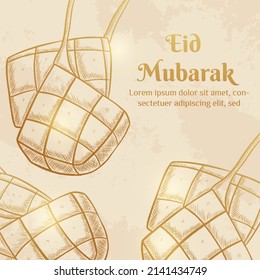 Eid Mubarak. Illustration vector graphic. Design concept Ketupat in HandDrawn Sketch style, Perfect for Islamic Holy Month, banner, Postcard social media, greeting card