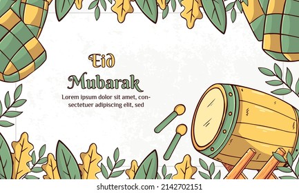 Eid Mubarak. Illustration vector graphic. Design concept Ketupat, bedug in HandDrawn and Flat Design style, Perfect for Islamic Holy Month, banner, Postcard social media, greeting card
