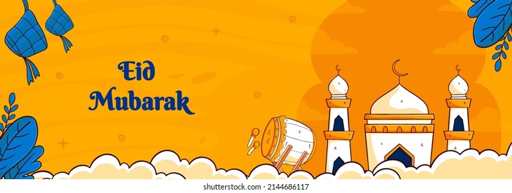 Eid Mubarak. Illustration vector graphic. Design concept Ketupat , mosque in HandDrawn and Flat Design style, Perfect for Islamic Holy Month, banner, social media post, greeting card