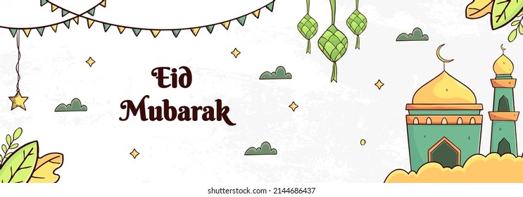 Eid Mubarak. Illustration vector graphic. Design concept Ketupat , mosque in HandDrawn and Flat Design style, Perfect for Islamic Holy Month, banner, social media post, greeting card