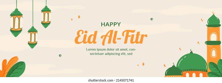 Eid Mubarak. Illustration vector graphic. Design concept Lantern , mosque in HandDrawn and Flat Design style, Perfect for Islamic Holy Month, banner, social media post, greeting card