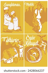 Eid mubarak illustration vector, with Indonesian word that summarize what happen when Eid Mubarak such as Mudik or come home and Sungkeman means forgiving everyone sins