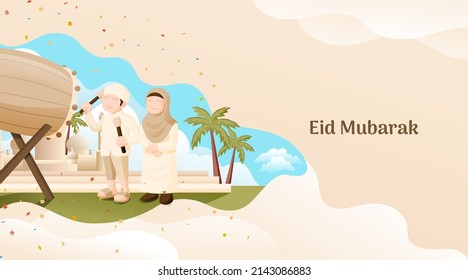 Eid Mubarak Ilustration With Muslim Man Holding Islamic Drum in Front of Mosque and Palm Tree