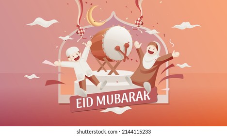 Eid Mubarak Ilustration With Muslim Man and Woman In Front of Islamic Drum and Ketupat