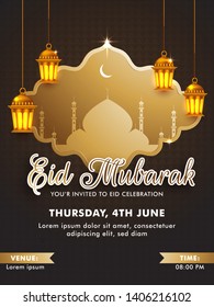 Eid Mubarak invitation card design with silhouette mosque and illuminated lanterns decorated on black background with event details