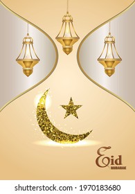 Eid mubarak invitation elegant vector illustration with golden lantern and moon on creative background