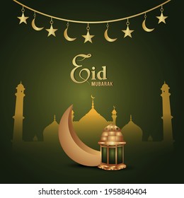 Eid mubarak invitation greeting card with vector golden arabic lantern and moon