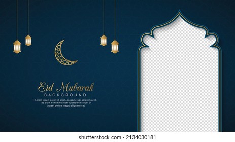 Eid Mubarak, árabe islámico fondo de lujo azul con patrón geométrico y hermoso ornamento con linterna