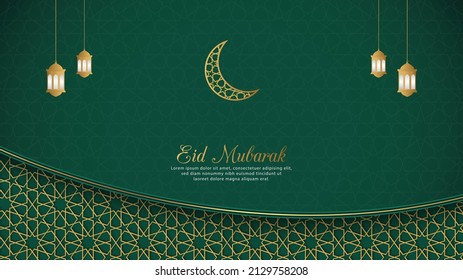 Eid Mubarak, Islamic Arabic Green Luxury Background with Geometric pattern and Beautiful Ornament