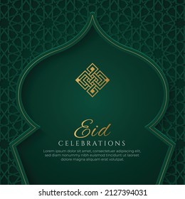 Eid Mubarak Islamic Arch Green and Golden Luxury Ornamental Background with Islamic Pattern
