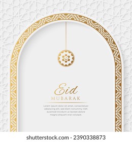 Eid Mubarak Islamic arch greeting card design with Arabic border