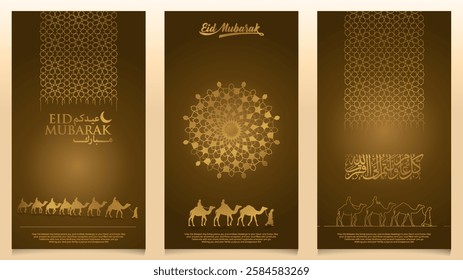 Eid Mubarak islamic background arabic calligraphy with arabian and camel migrate for greeting card and banner
