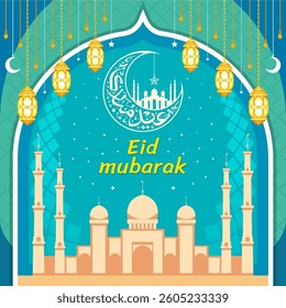 Eid mubarak islamic background with calligraphy and mosque illustration