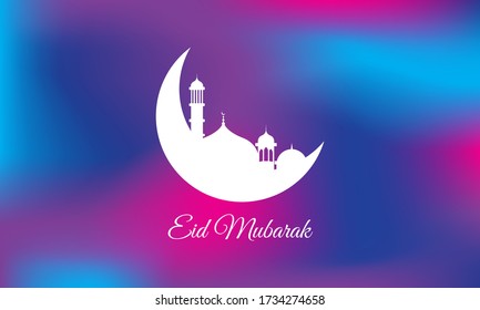 Eid mubarak islamic background with colorful mosque & moon Vector