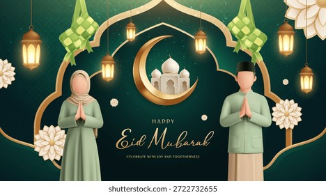 Islamischer Hintergrund von Eid Mubarak mit Halbmond, Moschee und muslimischem Paar