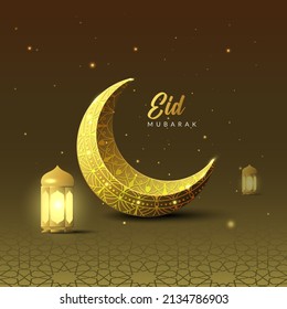 Fondo islámico Eid mubarak con luna creciente decorativa y linterna borrosa