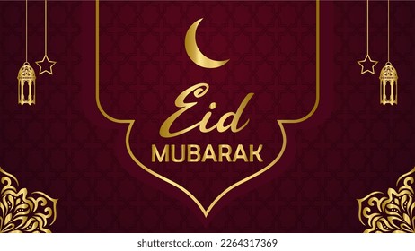 Eid mubarak. Islamic background design with lettering text in golden color and ornament. Suitable for the celebration of the month of Eid Alfitr and Eid Adha in the Muslim community.