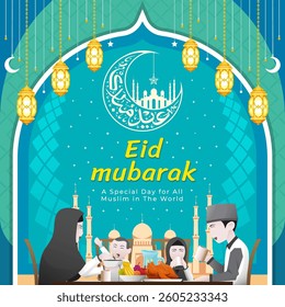Eid Mubarak Islamic background with family illustration during Eid atmosphere