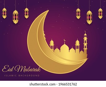 eid mubarak islamic background with gold crescent moon and star