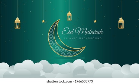 Eid mubarak islamic background with gold crescent moon and star