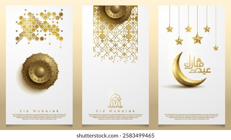 Eid Mubarak islamic background with gold crescent moon and stars illustration for banner and greeting card