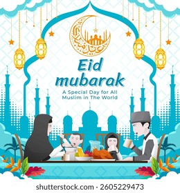 Eid Mubarak Islamic background with illustration of family during Eid atmosphere