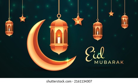 Eid Mubarak Islamic background with lantern, crescent moon, star hanging on green background