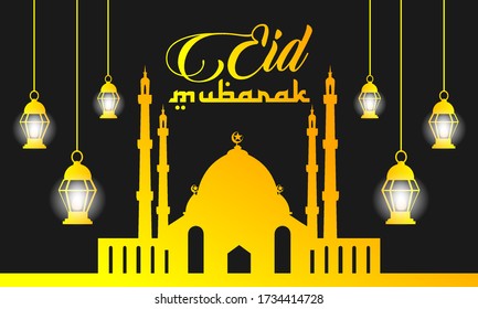 Eid Mubarak islamic background. Mosque illustration with hang lantern vector image for greeting card, banner, backdrop, poster. Eps 10