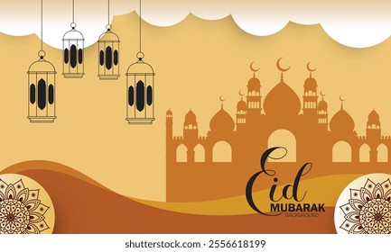 Eid Mubarak Islamic background with mosque and hanging lantern