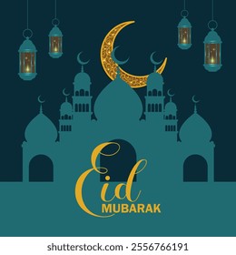 Eid Mubarak Islamic background with mosque, moon and hanging lantern