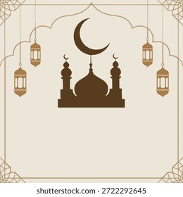 Islamischer Hintergrund von Mubarak mit Moschee Silhouette und Halbmond. Ramadan Kareem Eleganter islamischer Rahmen mit Moschee und Hängelaternen. Traditionelle islamische Ramadan Einladungskarte mit Laterne
