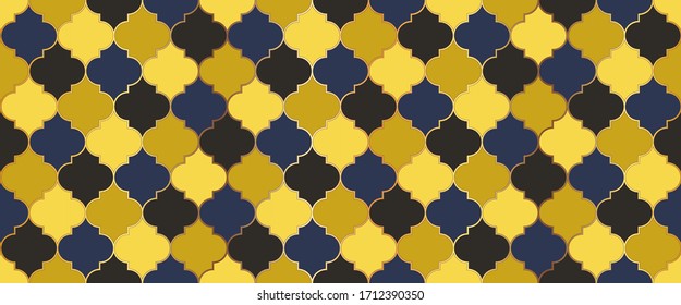 Eid Mubarak Islamic Background. Persian Mosque Window Grid. Seamless Moroccan Mosaic Ornament. Ramadan Traditional Golden Mosque Motif. Seamless Moroccan Design Ramadan Kareem Muslim Decoration.