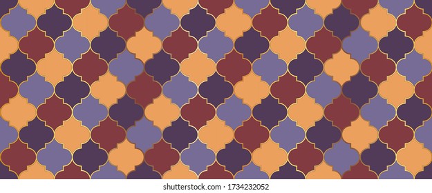 Antecedentes islámicos de Eid Mubarak. Diseño Mosaico Marroquí Sin Maravillas. Patrón de Marfil Tradicional Mezquita Ramadán Cuadrícula Dorada. Decoración del Ramadán Kareem Islam. Forma de la ventana de la mezquita persa.