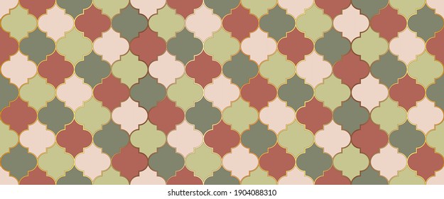 Eid Mubarak Islamic Background. Seamless Moroccan Mosaic Ornament. Turkish Mosque Window Tile. Ramadan Kareem Muslim Illustration. Moroccan Seamless Pattern Traditional Ramadan Golden Mosque Shape.