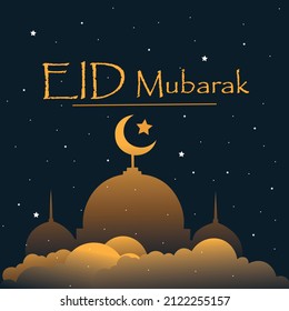 Eid mubarak islamic background template, design crescent moon and star, white star, mosque, masjid, night cloud, vector for eid and ramadhan, eid al fitar, eidulfitar, eid 2022, ramadhan 2022