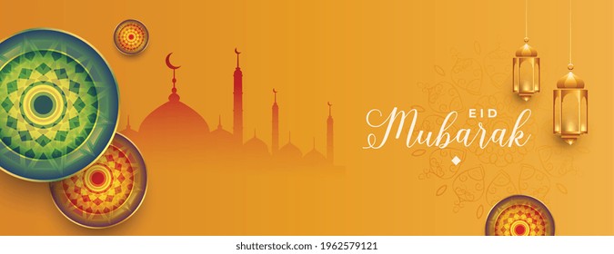 eid mubarak islamic Banner mit Laterne und Moschee