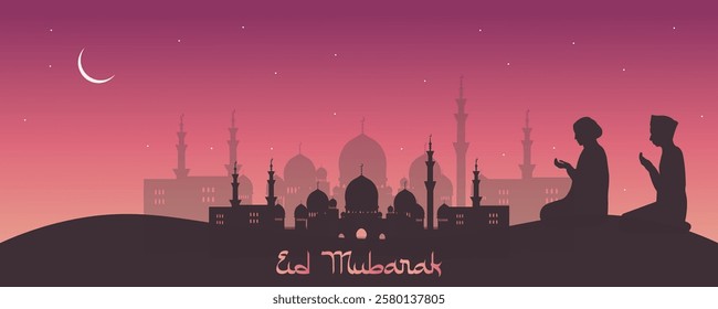 Eid Mubarak Islamic Banner with silhouette of White Mosque in Abu Dhabi, silhouettes of prayers and sand desert. Card for Ramadan on dark background with moon and stars. Vector illustration