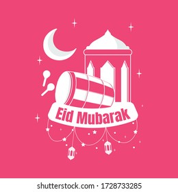 Eid mubarak islamic with bedug decorative pink isolated background