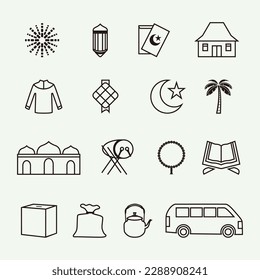 Eid Mubarak islamic celebration icon set, line style vector illustration