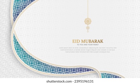 Eid Mubarak Islamic colorful background with interlaced arabesque border and Arabic style pattern